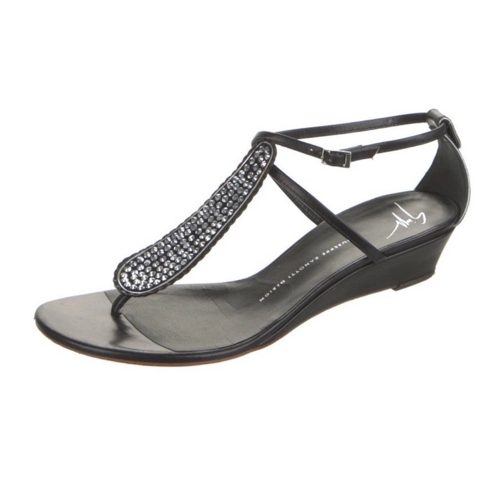 Giuseppe Zanotti Black Thong Swarovski Crystals Wedge Sandals Size 37/US 7